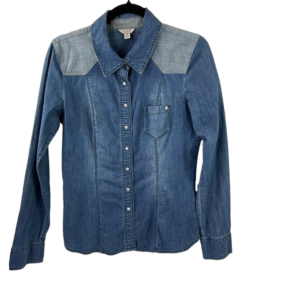 Guess two-tone Denim Chambray Pearl Snap  Blouse - Picture 1 of 12